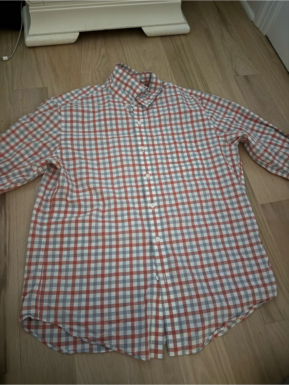 Men's Red and Light Blue Check Button-Down Shirt
